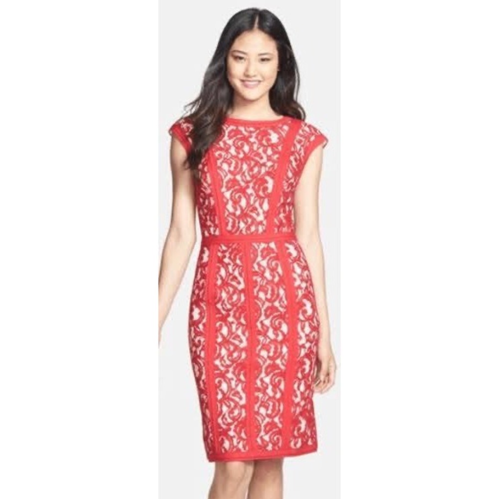 Tadashi Shoji Red Lace Sheath Dress Cap Sleeve Grosgrain Trim Cocktail Party 4